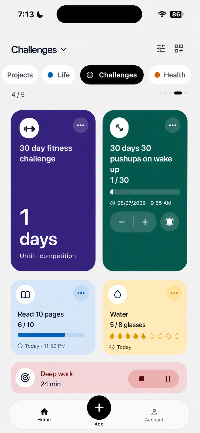 Vueboard challenges board with a fitness competition countdown, pushups, reading, water, and deep work cards